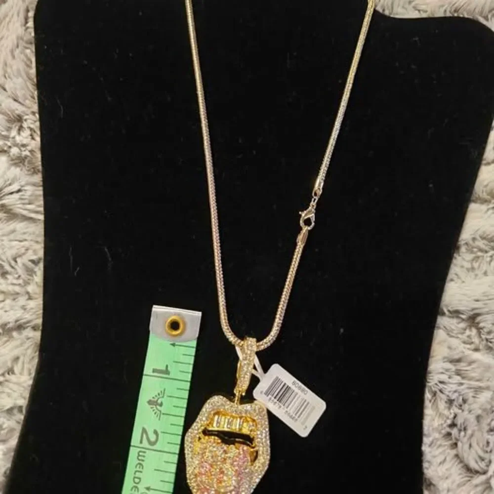 Gold-Toned Rhinestone Lips and Tongue Pendant Necklace